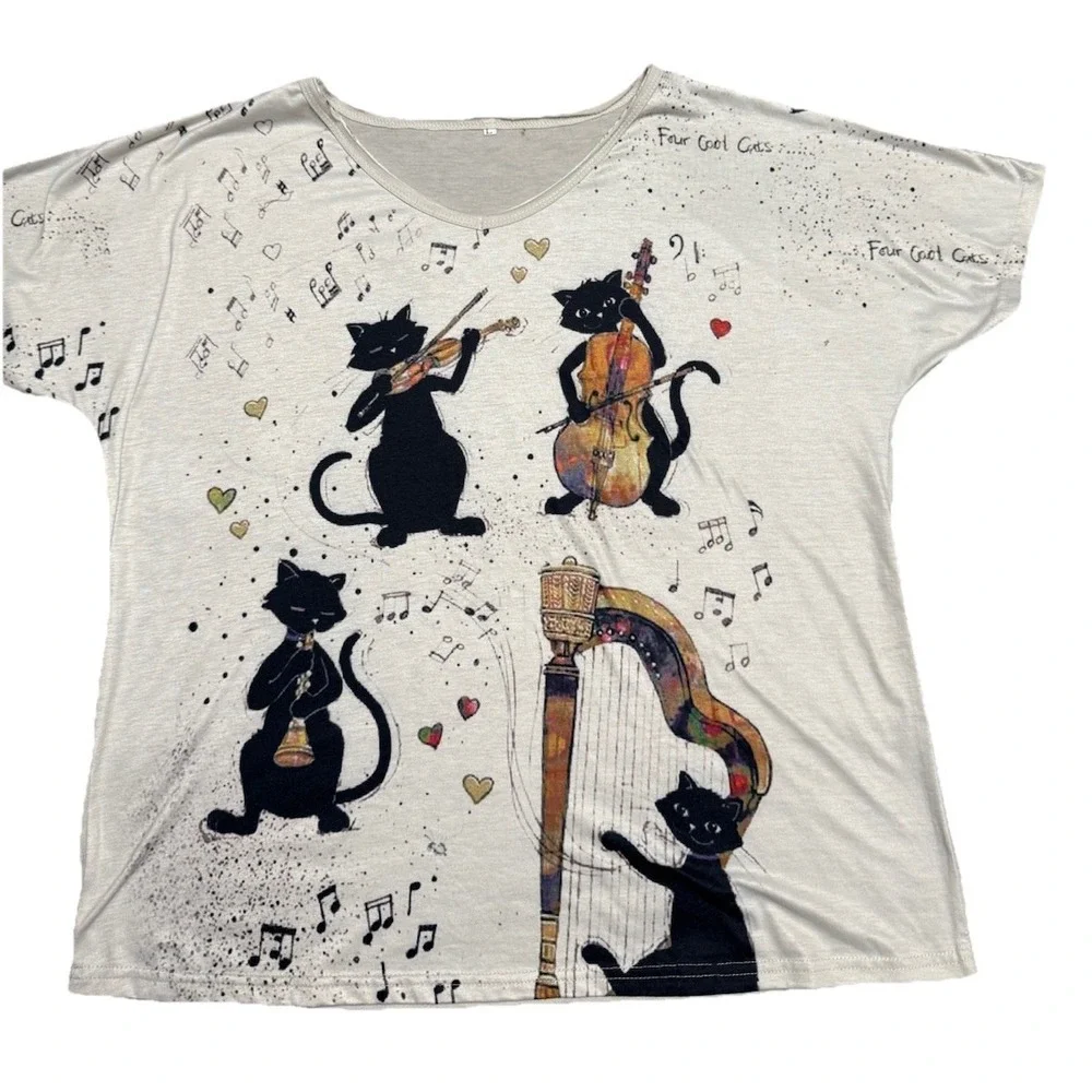 Unbranded Whimsical Cats Music Graphic Tee Women's V-Neck Dolman Art Print L/XL